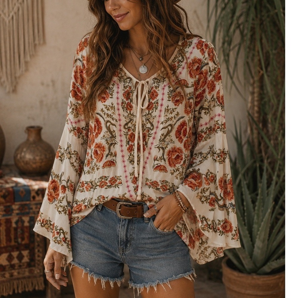 Jealous Tomato S Small Floral Blouse Bell Sleeve Wrap Front Tie Boho Festival